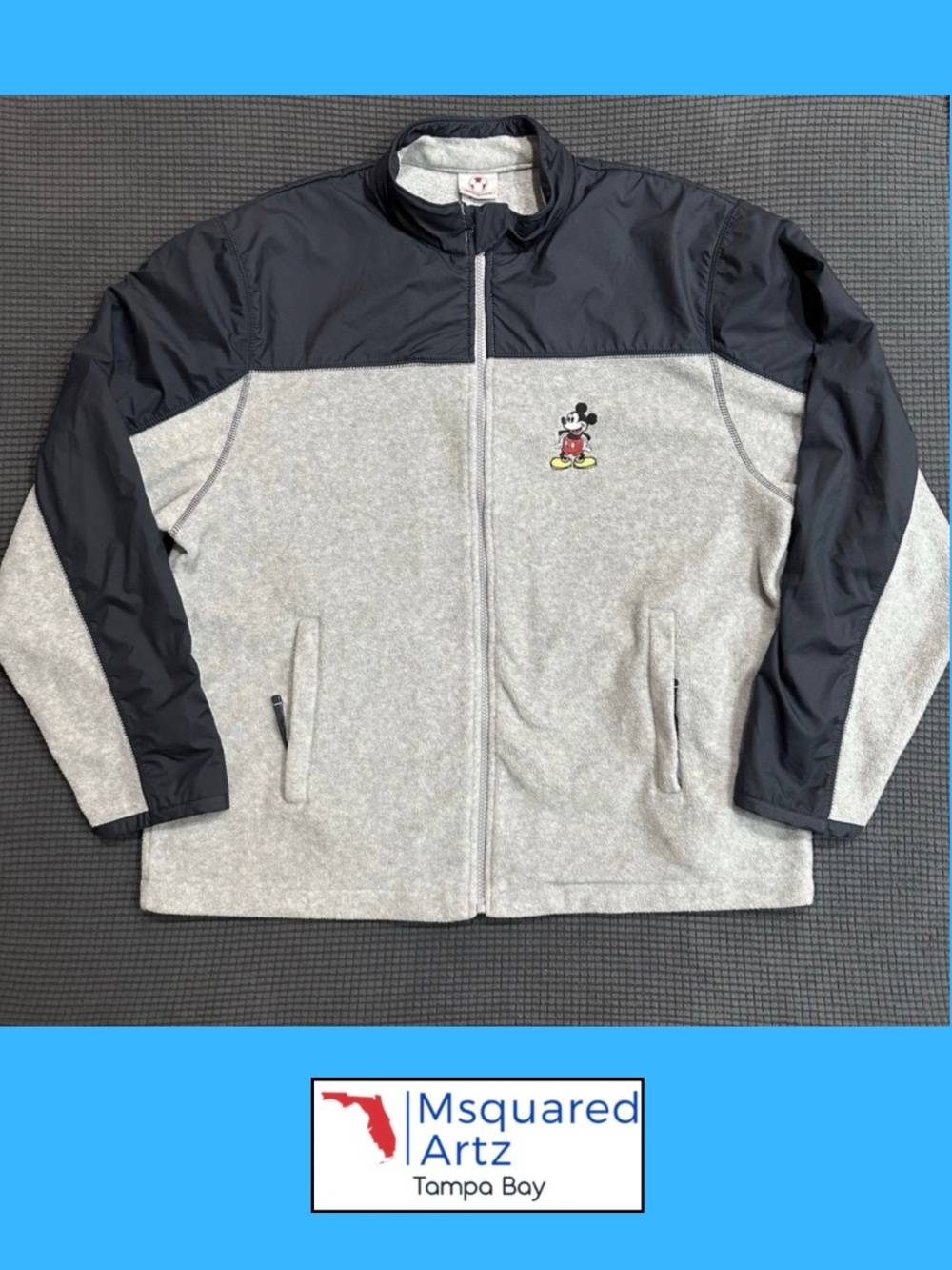 Disney Store Mickey Mouse Men’s Large Gray Black Colorblock Full Zip Fleece Jack